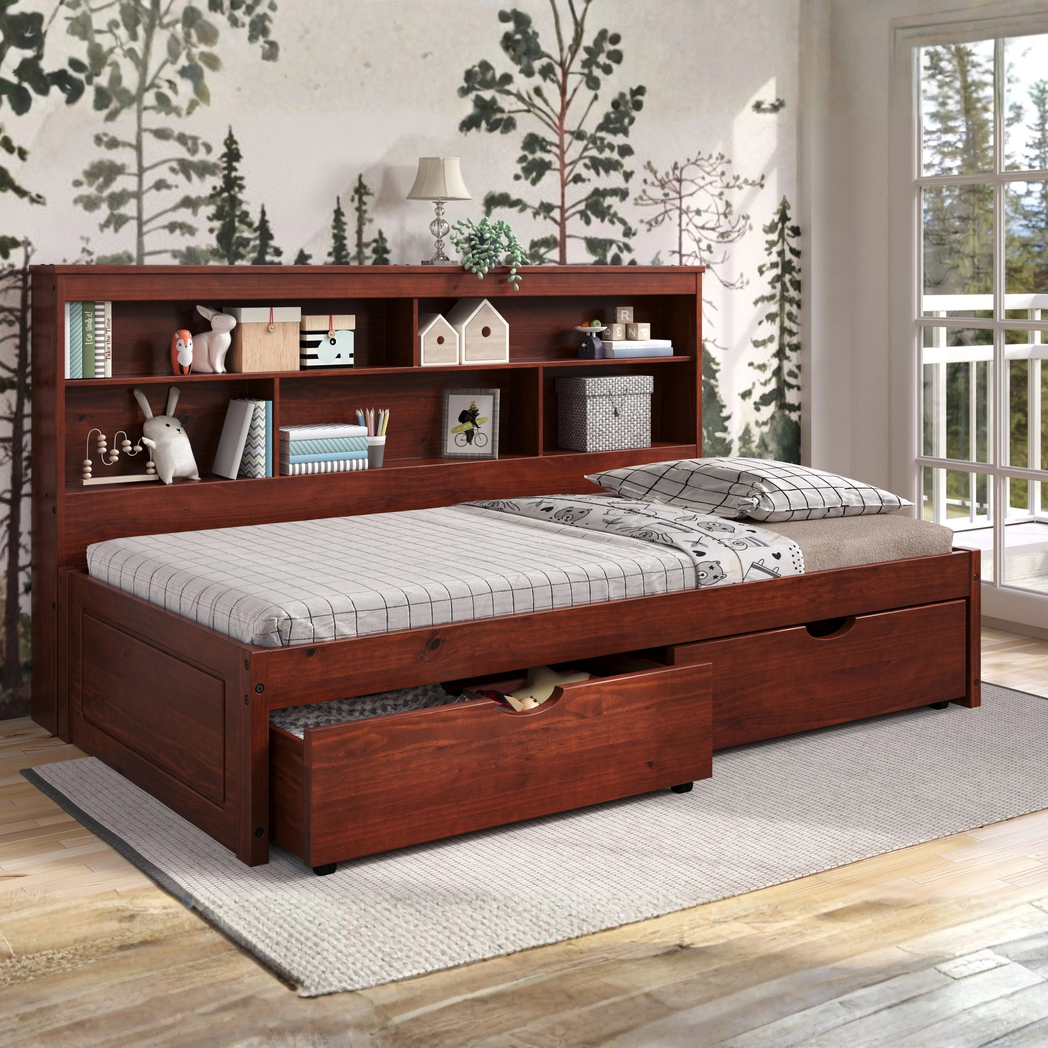 Chocolate Twin Bed with Large Wall Bookcase Storage Unit