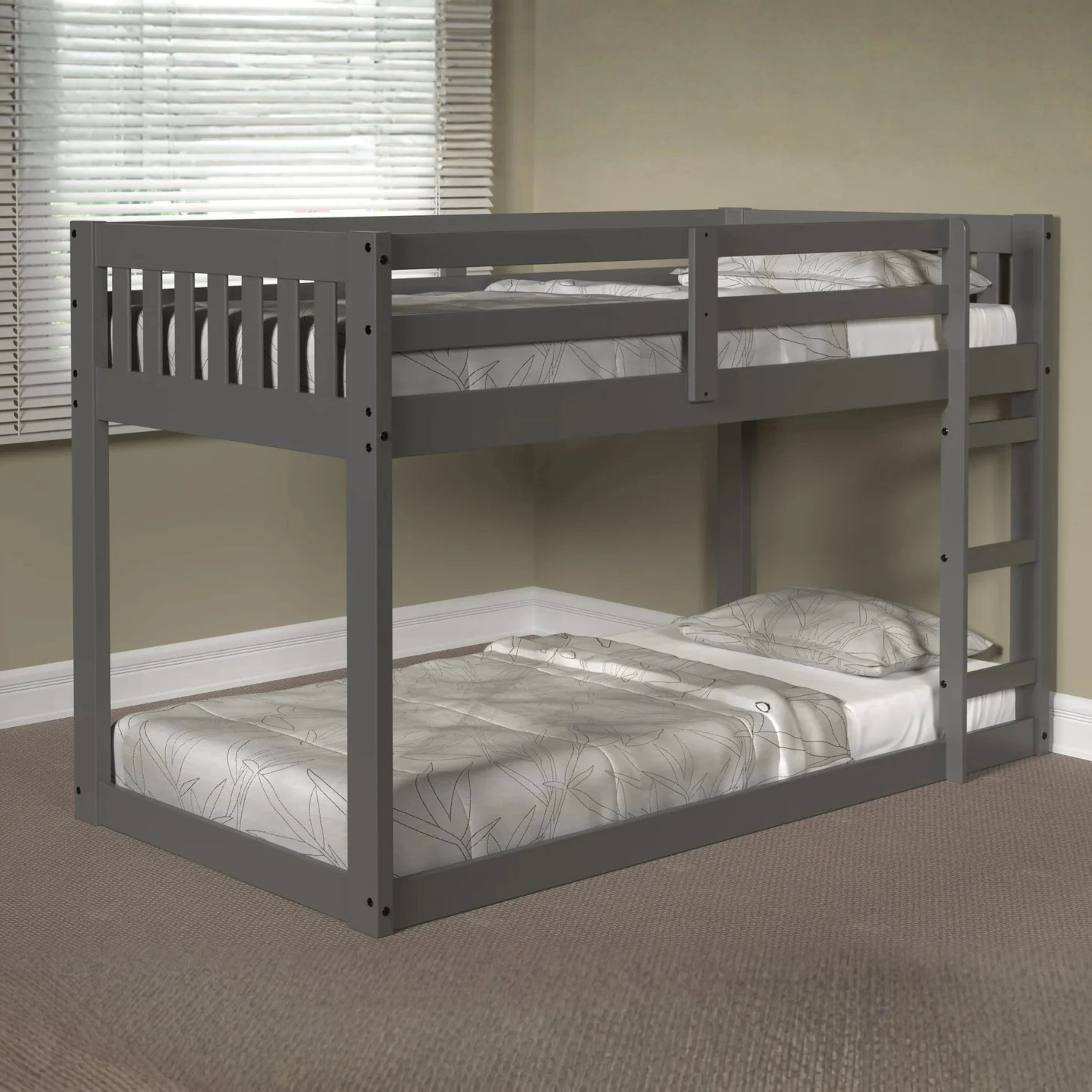 Gray Low Twin Bunk Bed with Slats Included
