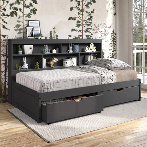 Chocolate Twin Bed with Large Wall Bookcase Storage Unit