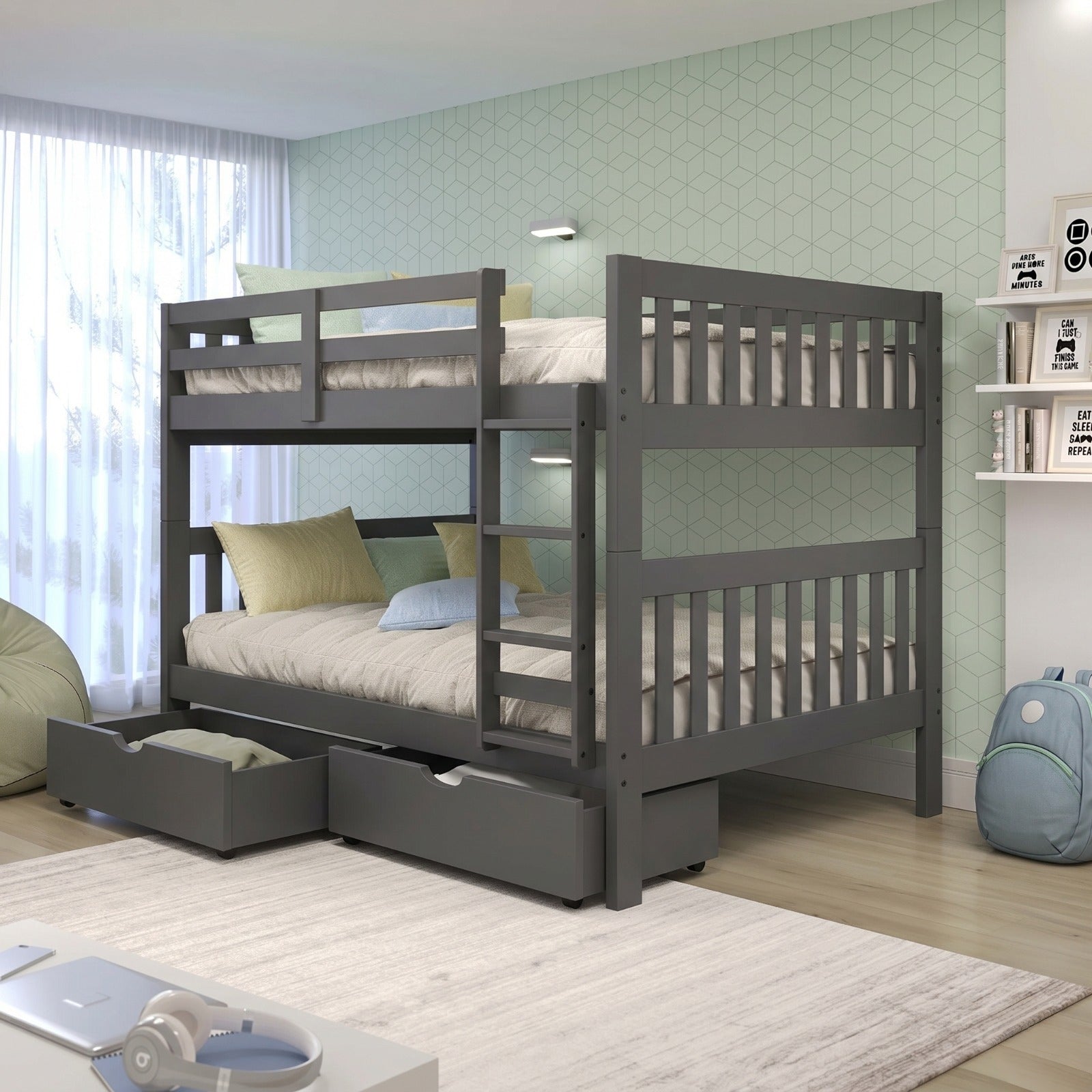 Grey Full Over Full Mission Style Bunk Bed with Slats