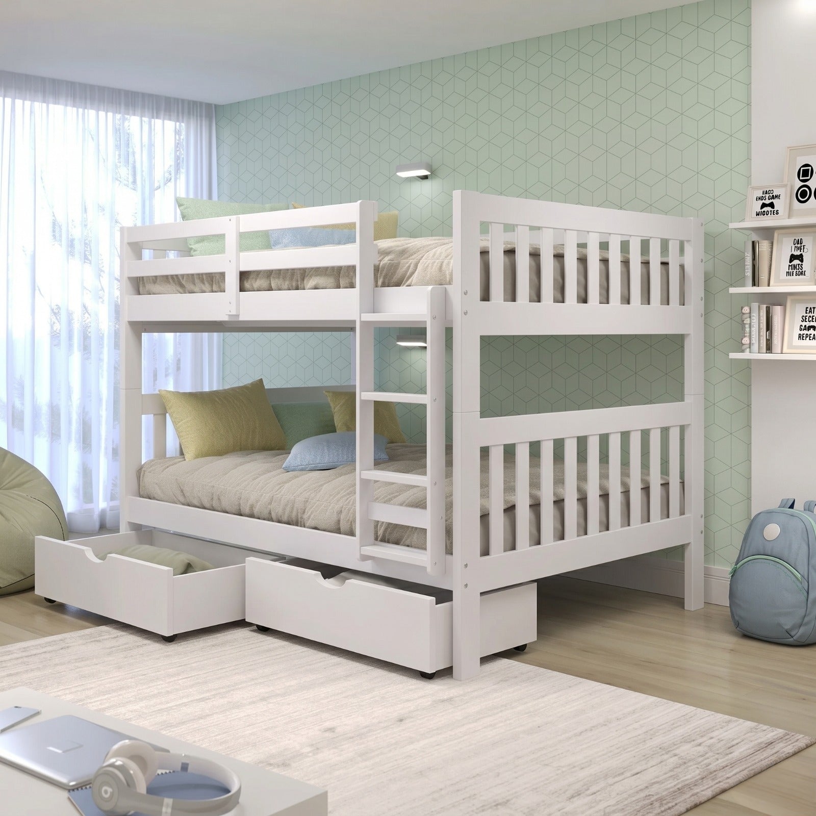 White Full Over Full Mission Style Bunk Bed with Slats