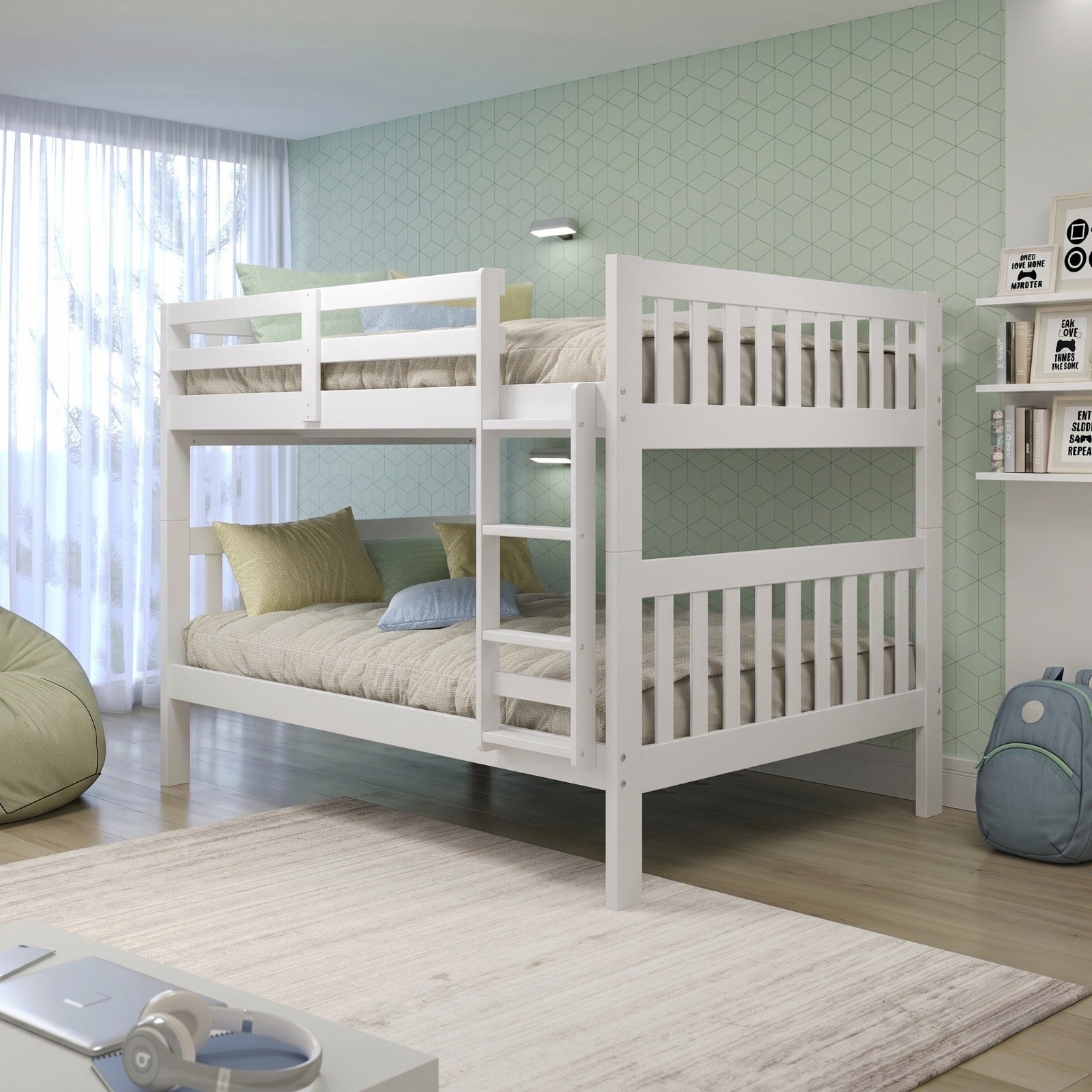 White Full Over Full Mission Style Bunk Bed with Slats